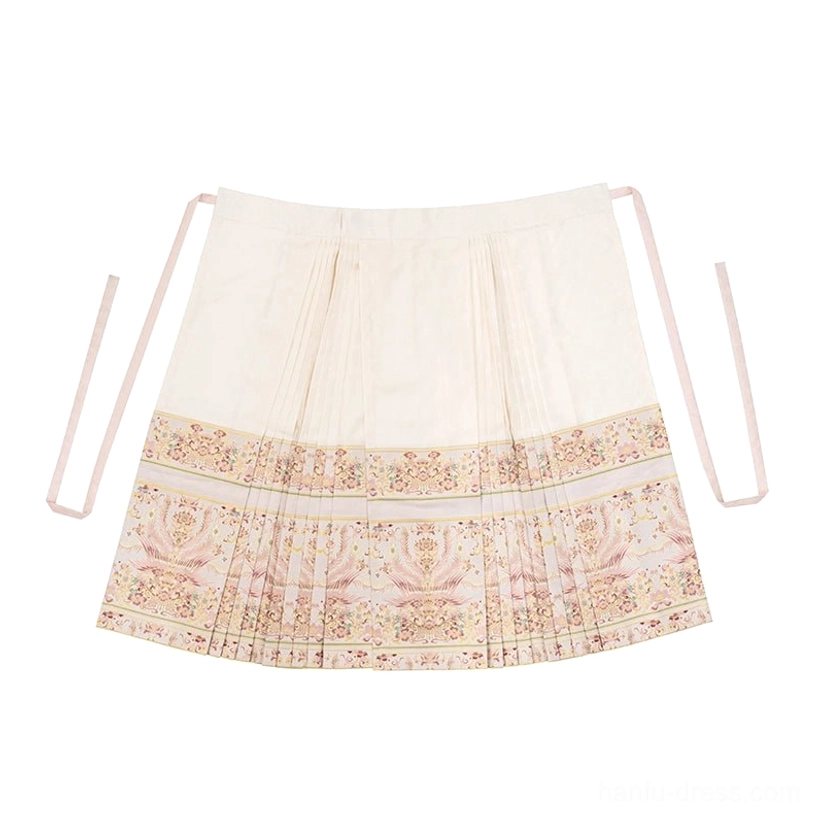 Ivory Ming Dynasty mamian skirt with structured pleats and golden pink peony embroidered hem bands