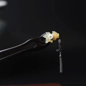 Golden Scales Chinese hair stick with dark double-pronged base, golden fish, white flower, butterfly charm and long tassel for Hanfu hairstyles