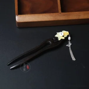 Side view of Golden Scales Hanfu Chinese hair stick featuring a golden fish ornament, pearl-like bead, butterfly charm and cascading tassel
