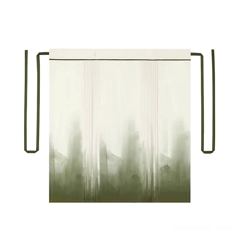 Flat lay of the pleated mamian skirt featuring a soft gradient ink-wash mountain landscape print and green waist straps