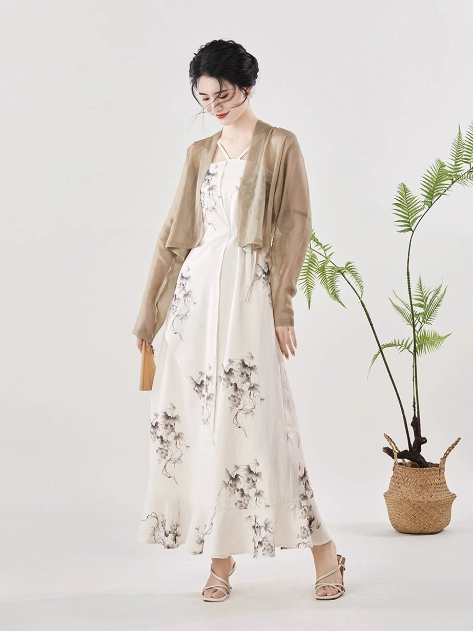 Grapevine ink Modern Hanfu full set with off-white slip maxi dress and sheer khaki cardigan front view