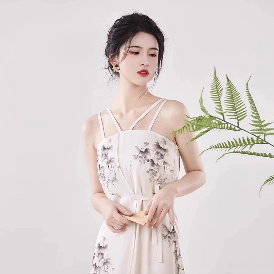 Close-up of grapevine ink print Modern Hanfu slip dress with double straps and empire waist detail