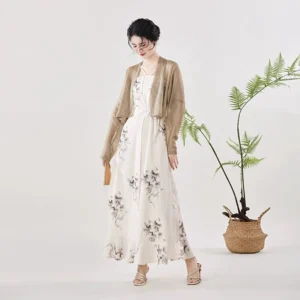 Grapevine ink modern Hanfu slip maxi dress and sheer khaki cropped cardigan full set front view