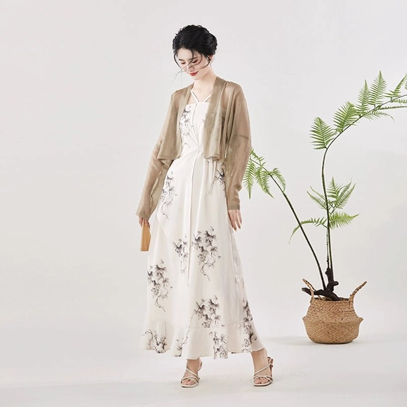 Grapevine ink modern Hanfu slip maxi dress and sheer khaki cropped cardigan full set front view