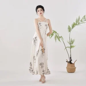 Off-white grapevine ink print modern Hanfu slip maxi dress with double spaghetti straps front view