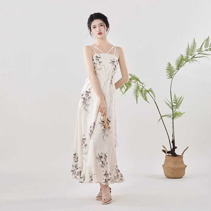 Off-white grapevine ink print modern Hanfu slip maxi dress with double spaghetti straps front view
