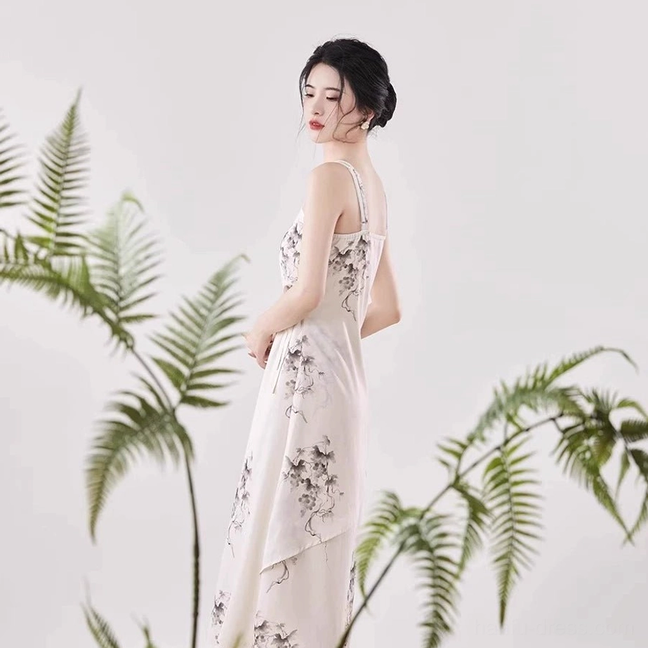 Grapevine ink print slip maxi dress back view showing low back and flowing floor-length silhouette