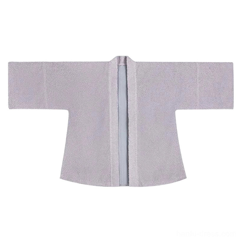 Gray-lilac fuzzy Song Dynasty Hanfu outer jacket with open cross collar, wide winged sleeves, and soft textured fabric