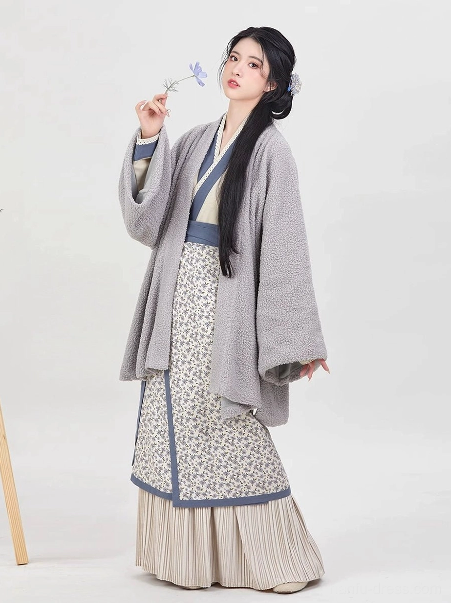 Gray-lilac Song Dynasty modern Hanfu outfit with fuzzy jacket, blue contrast trim, floral skirt panel, and striped pleated skirt
