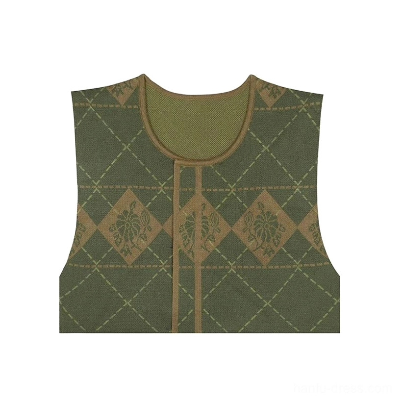 Flat lay of a green argyle knit beizi overlay with dark green grid lines, vintage floral motifs, and front central placket