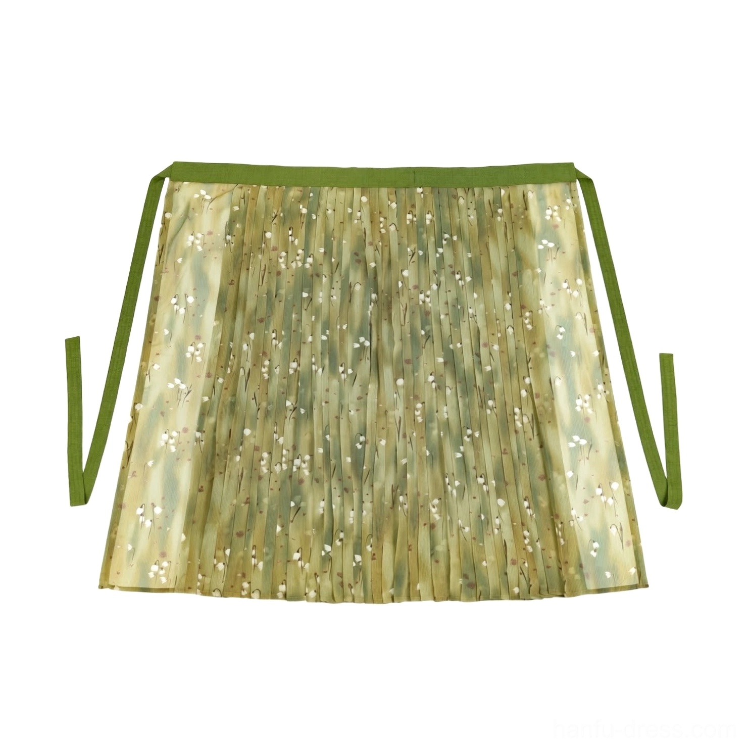 Green floral accordion pleated Hanfu wrap skirt with dark green waistband and long adjustable side tie sashes