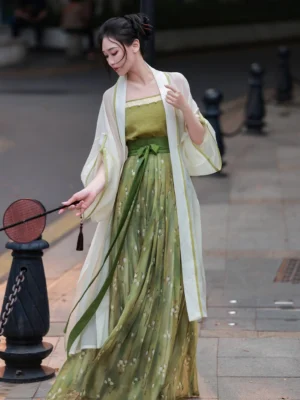 Green floral Song Dynasty Hanfu three-piece set with sheer ivory cardigan, green camisole, pleated wrap skirt and round fan