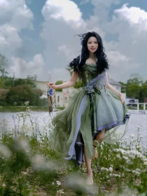 Green forest fairy modern Hanfu corset bustier and flowing high-low tulle skirt full outfit front view