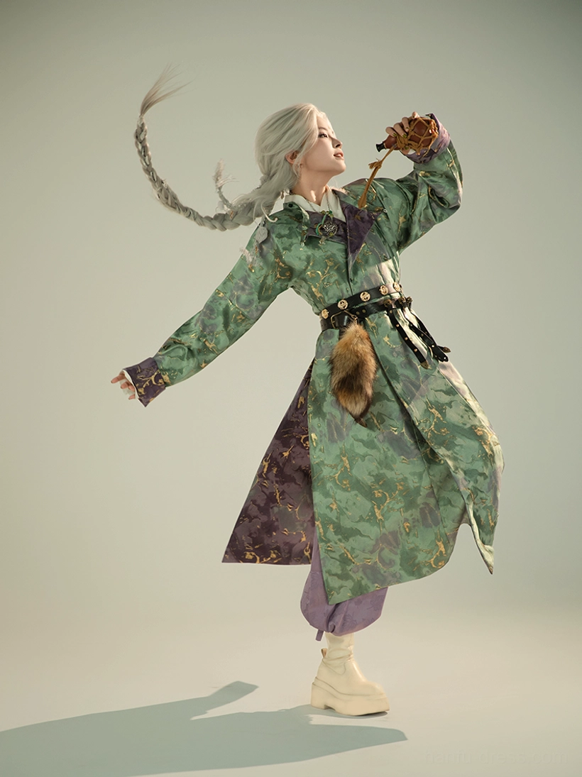 Side profile of green and gold Tang style Hanfu robe with purple accents and long flowing sleeve