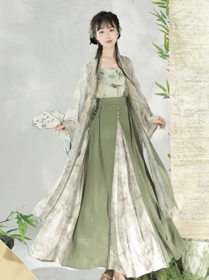 Green ink bamboo modern Song Dynasty Hanfu three-piece set with sheer printed cardigan, camisole, and high-waist flowing skirt front three-quarter view