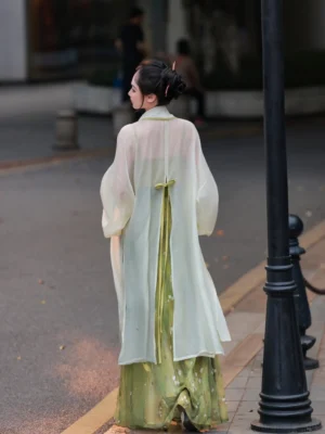 Back view of green Song Dynasty Hanfu set featuring a sheer ivory outer cardigan, floral pleated skirt and long green waist sash