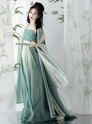 Green Song Dynasty Hanfu side three quarter view showing the flowing gradient chiffon layers, traditional ruqun silhouette, elegant wide sleeves, and coordinated waist sash