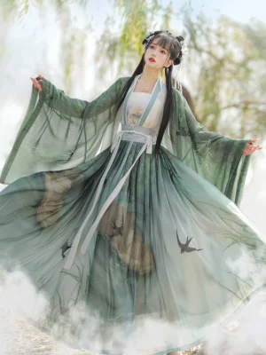 Green Swallow Flight Song Dynasty Hanfu spinning outdoors with flowing wide sleeves, fitted waist, gradient chiffon skirt, flying swallow scenery print, and traditional Chinese styling