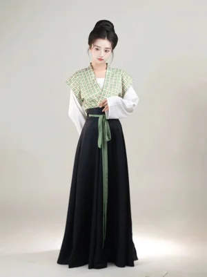 Full-length front view of green Tang Dynasty Hanfu with a patterned sleeveless Beizi vest, white inner shirt, black floor-length Qiyao Ruqun skirt, and matching green waist sash