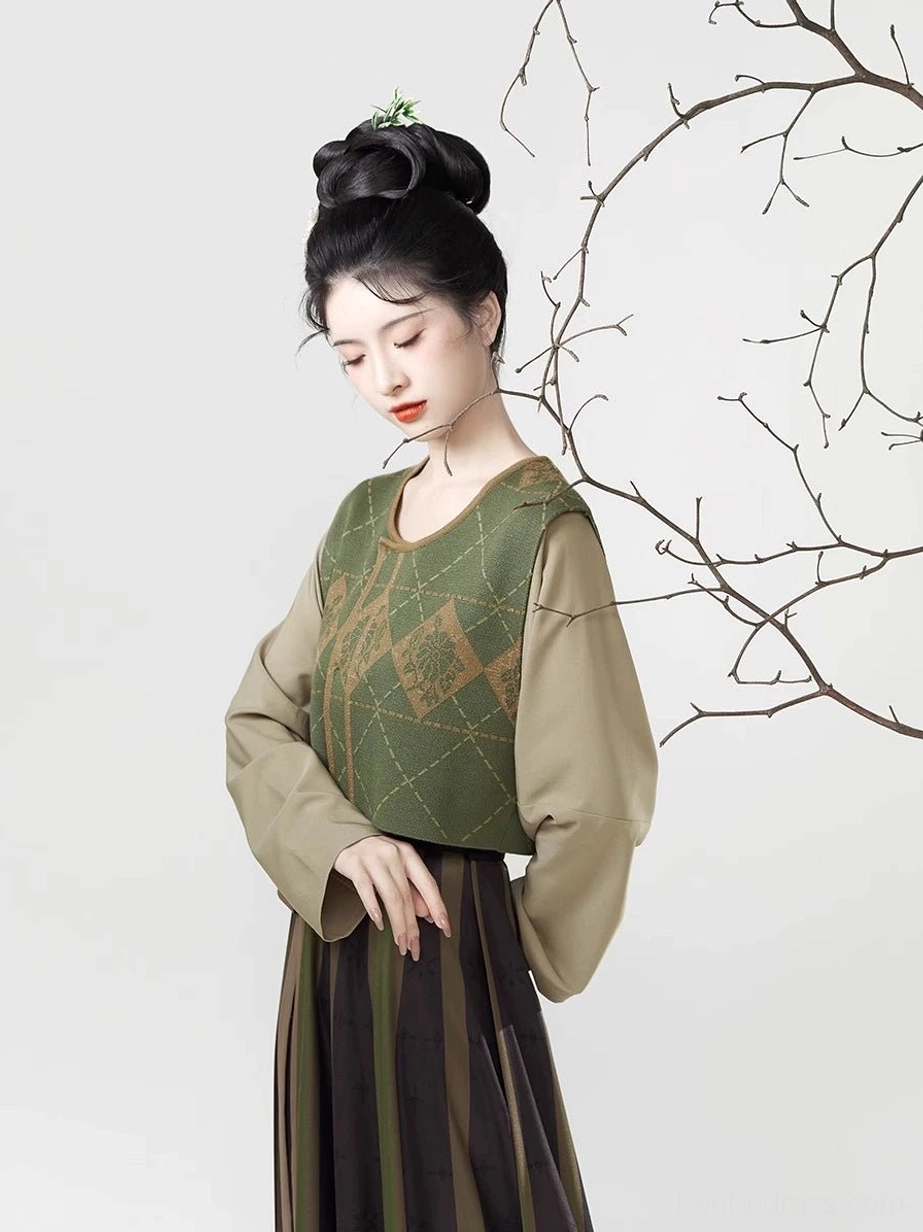 Side full-body view of a green Tang Dynasty modern Hanfu outfit with vintage argyle knit beizi, striped flowing skirt, and matching waist ribbon