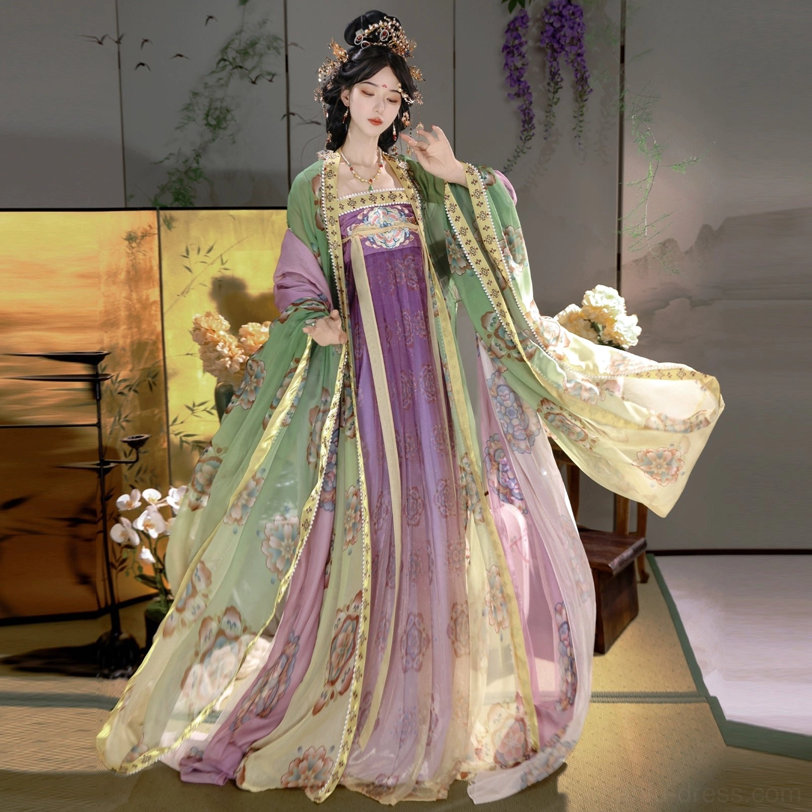Side view of Green Tang Dynasty Qixiong Ruqun hanfu with floral outer shawl, purple accents, and long flowing skirt