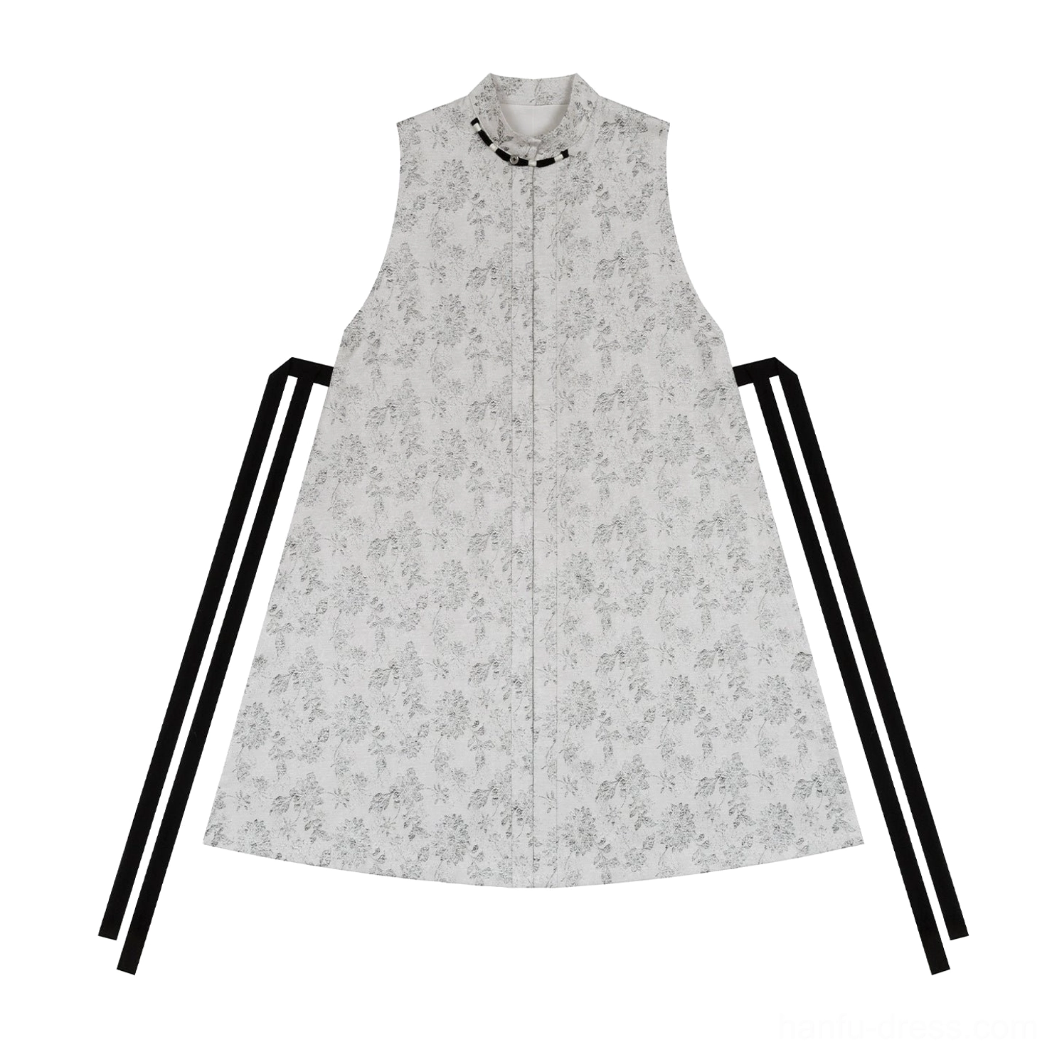Grey floral print modern Hanfu bijia vest with stand collar frog buttons and long black side drawstrings flat lay