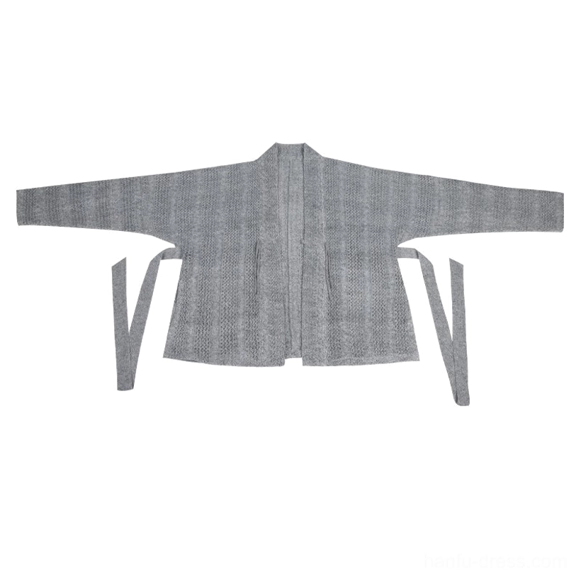 Grey knitted Hanfu cardigan with loose winged sleeves open cross front and matching side tie straps