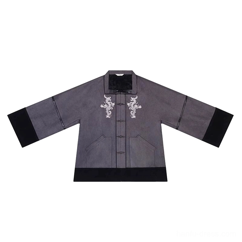 Flat lay view of the cropped grey Song Dynasty Hanfu jacket with black trim, dragon embroidery, frog buttons, and wide traditional sleeves