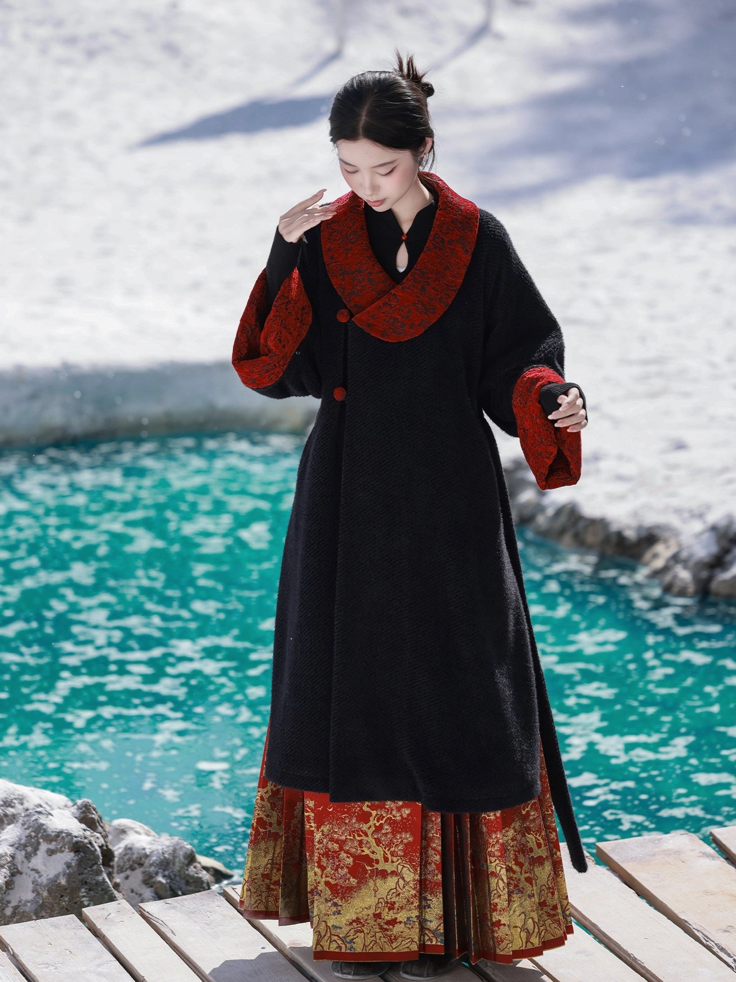 Front view of black and red Gryffindor-inspired Tang Dynasty Hanfu round-collar coat with red front fasteners and wide sleeves