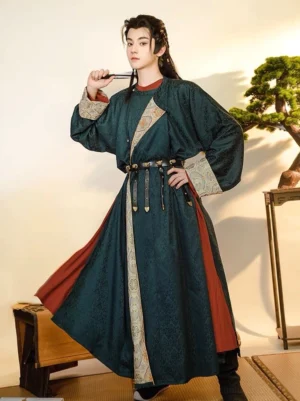 Guan Shan Yue Tang Dynasty men’s Hanfu robe set in dark teal and red, full body three-quarter front view with round-collar robe and layered traditional Chinese outfit