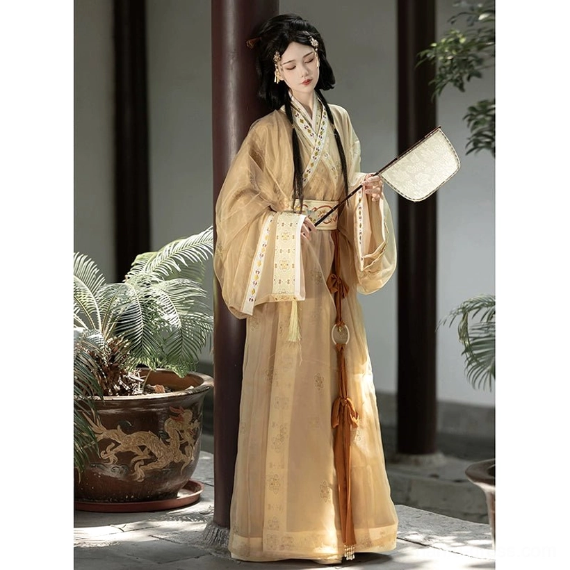 Yellow beige Han Dynasty Hanfu floor-length straight hem robe with sheer sleeves embroidered belt tassel pendant and silk hand fan