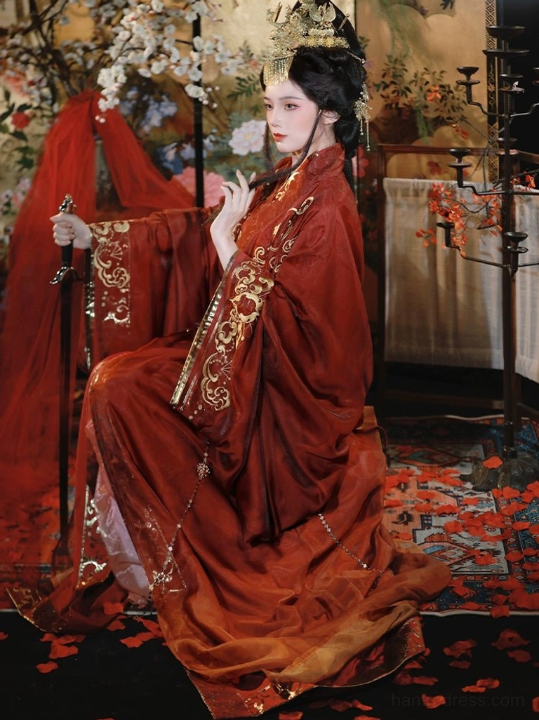 Side kneeling view of a woman in a long reddish-brown Han Dynasty inspired wedding robe holding a traditional sword, highlighting gold sleeve embroidery, waist chains, and trailing floor-length train