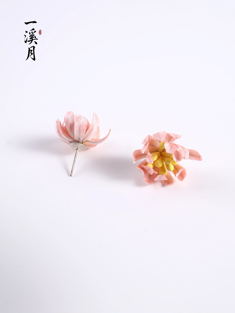 Handcrafted pink chrysanthemum stud earring components showing the back of a velvet flower and the completed floral earring design