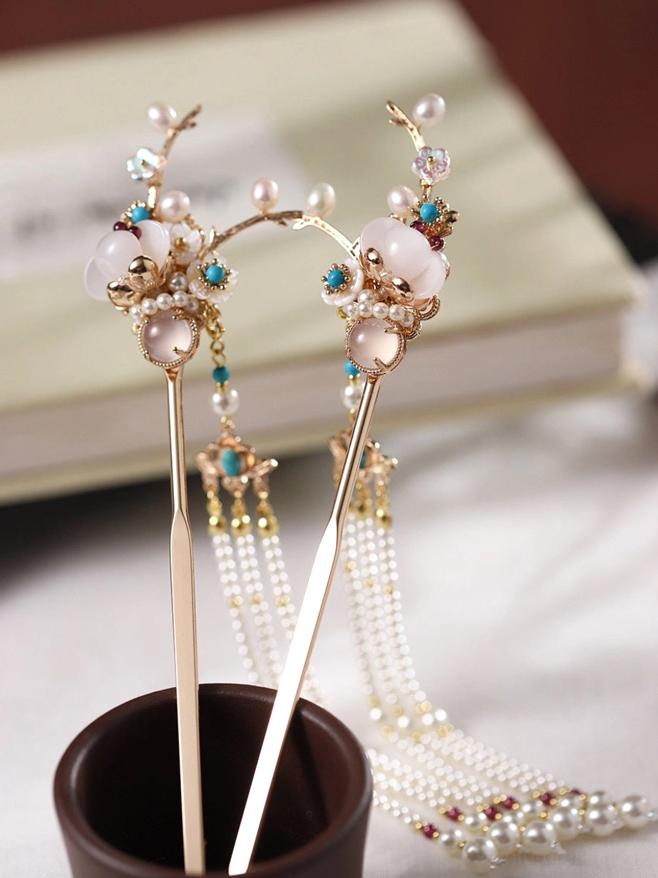 Pair of handmade Chinese tassel hair sticks with golden flower branches, milky white decorative beads, blue ornaments, and layered pearl pendants