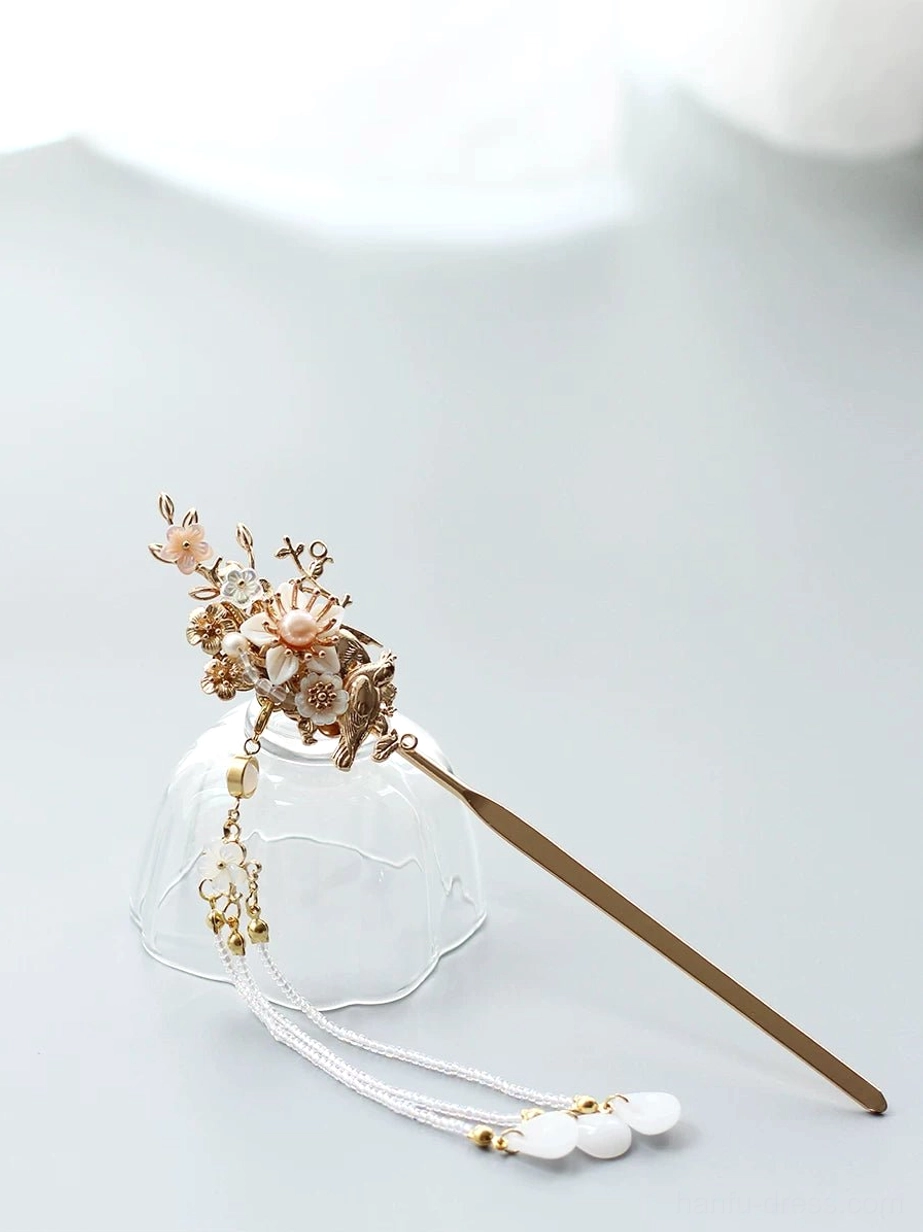 Right-side view of Hanfu Chinese hair stick with flower and bird ornaments, gold-tone metal frame, white beaded tassel, and drop pendants