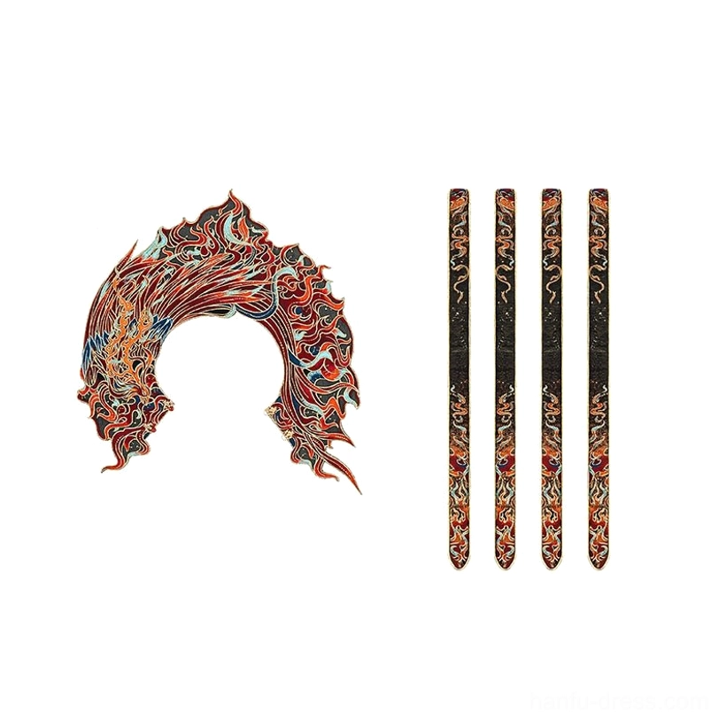 Flat lay of Hanfu matching accessories including a phoenix and fire-inspired cloud shoulder collar with four embroidered decorative waist straps