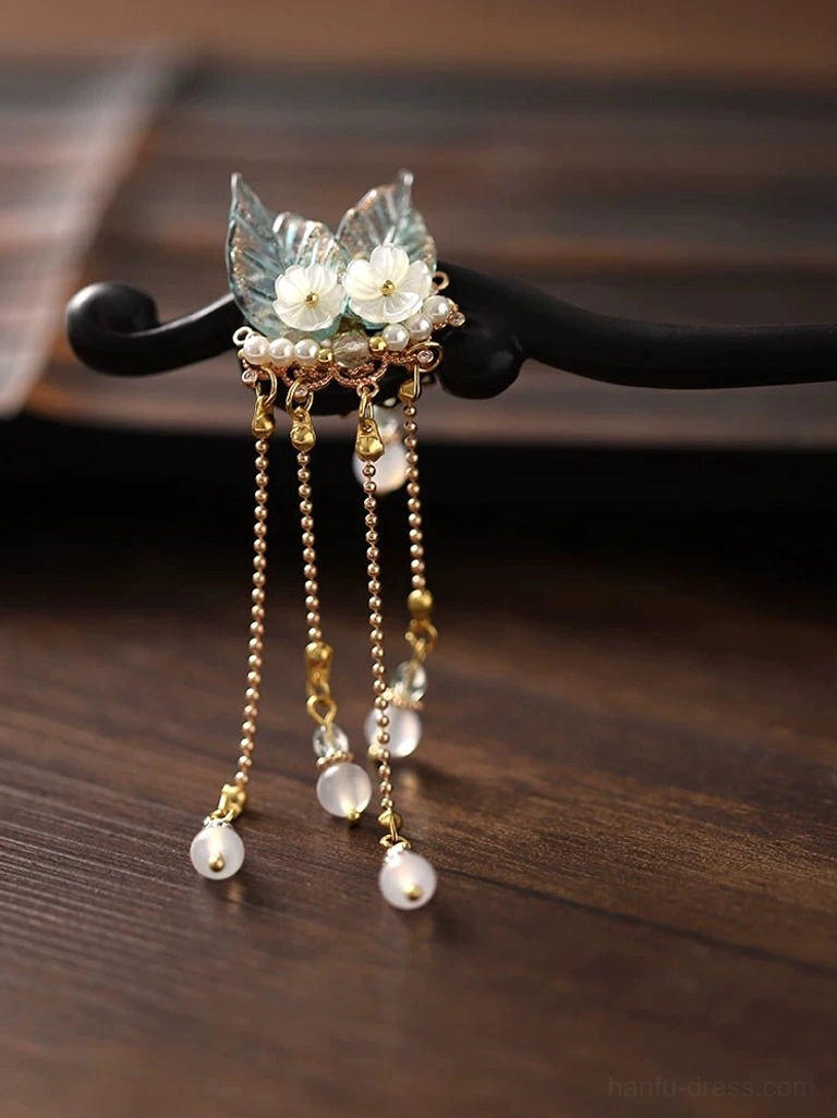 Hanfu floral hair stick with twin white flowers blue translucent leaves layered gold tassels and mixed pearl bead pendants