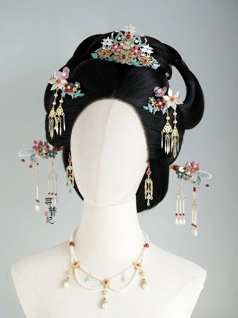 Wearable Hanfu hair accessory and necklace styling display on traditional coiled black hair featuring a central crown side hairpins floral decorations and layered hanging ornaments