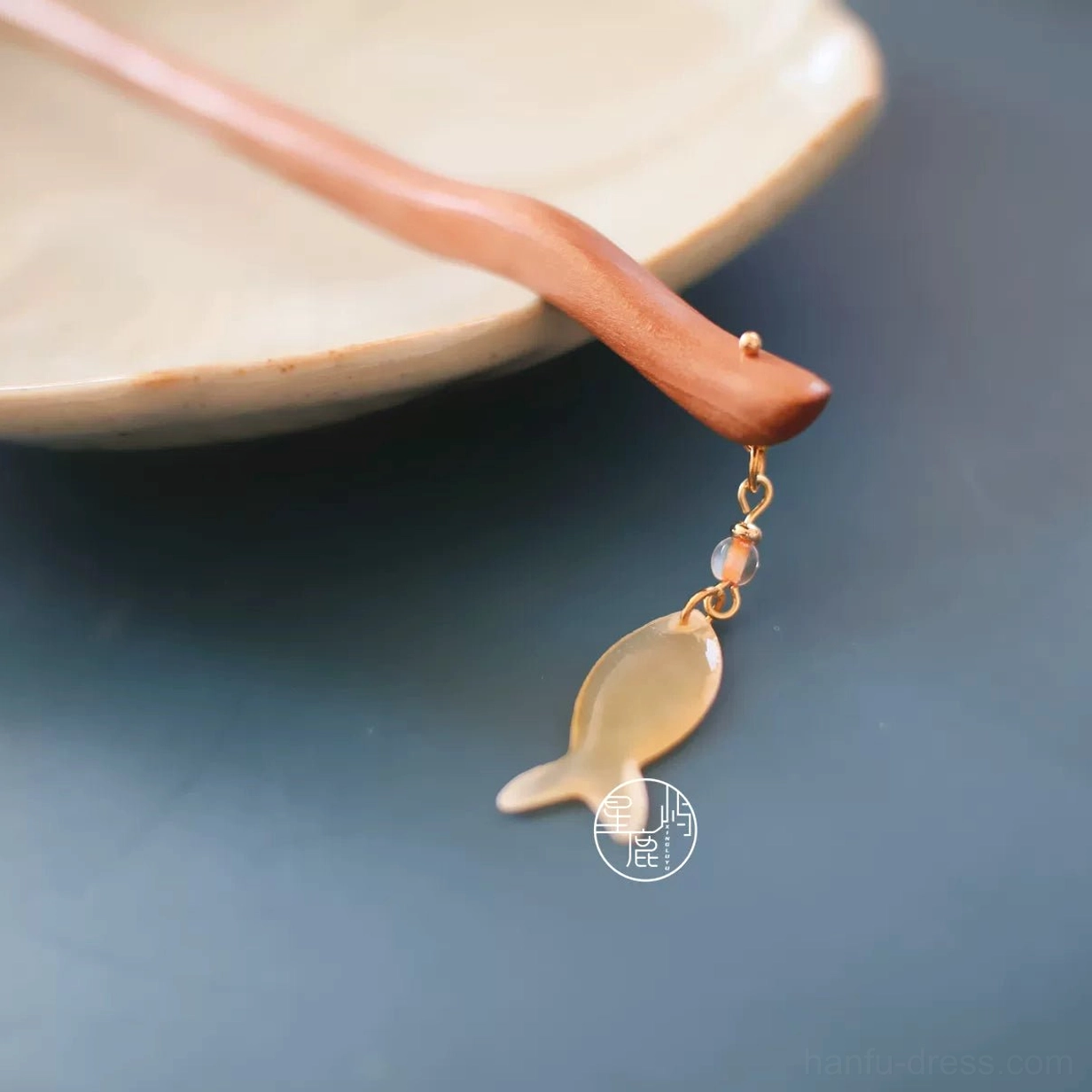 Hanfu wood hair stick with delicate gold-tone chain tiny clear bead and translucent fish drop pendant