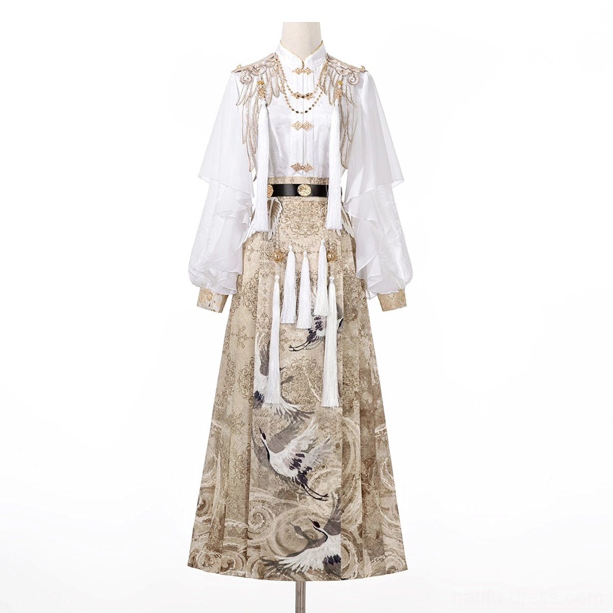Complete Heavenly Envoy Hanfu outfit displayed on a dress form with white embroidered shoulder top, chest ornament styling, and khaki crane print mamianqun skirt