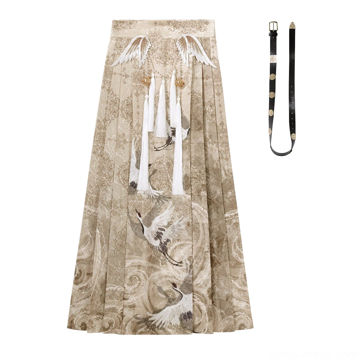 Khaki Heavenly Envoy mamianqun horse face skirt with crane and cloud print, black waist belt, wing-shaped waist decorations, tassel pendants, and metal buckle