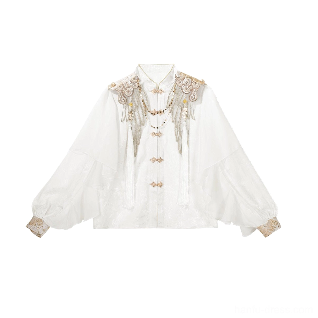 White Heavenly Envoy Hanfu long sleeve top with stand collar, lantern sleeves, embroidered shoulder pads, frog buttons, and layered tassel necklace styling