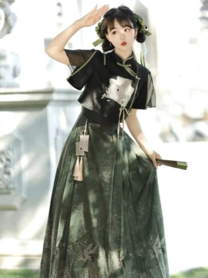 Herbalism-inspired Chinese Hanfu two-piece outfit with sheer sleeves vintage book pattern and green drawstring details