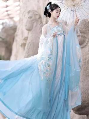Blue and white gradient Tang Dynasty Heziqun Hanfu dress shown in a three-quarter full-body view with embroidered floral sleeves, a wide sheer outer shawl, traditional hair ornaments, and a paper oil umbrella