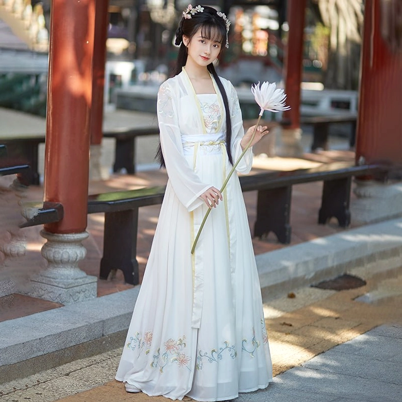 White Song Dynasty style qiyao ruqun hanfu complete set with floral embroidered skirt, beizi coat, and yellow waist accents