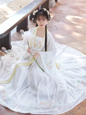 White floral embroidered Song Dynasty style qiyao ruqun hanfu with long skirt and beizi coat, seated traditional Hanfu styling with lotus flower