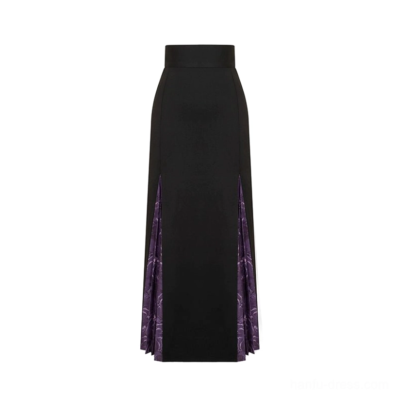High waisted black modern Hanfu long skirt with purple pleated printed slit panels on both sides shown flat lay