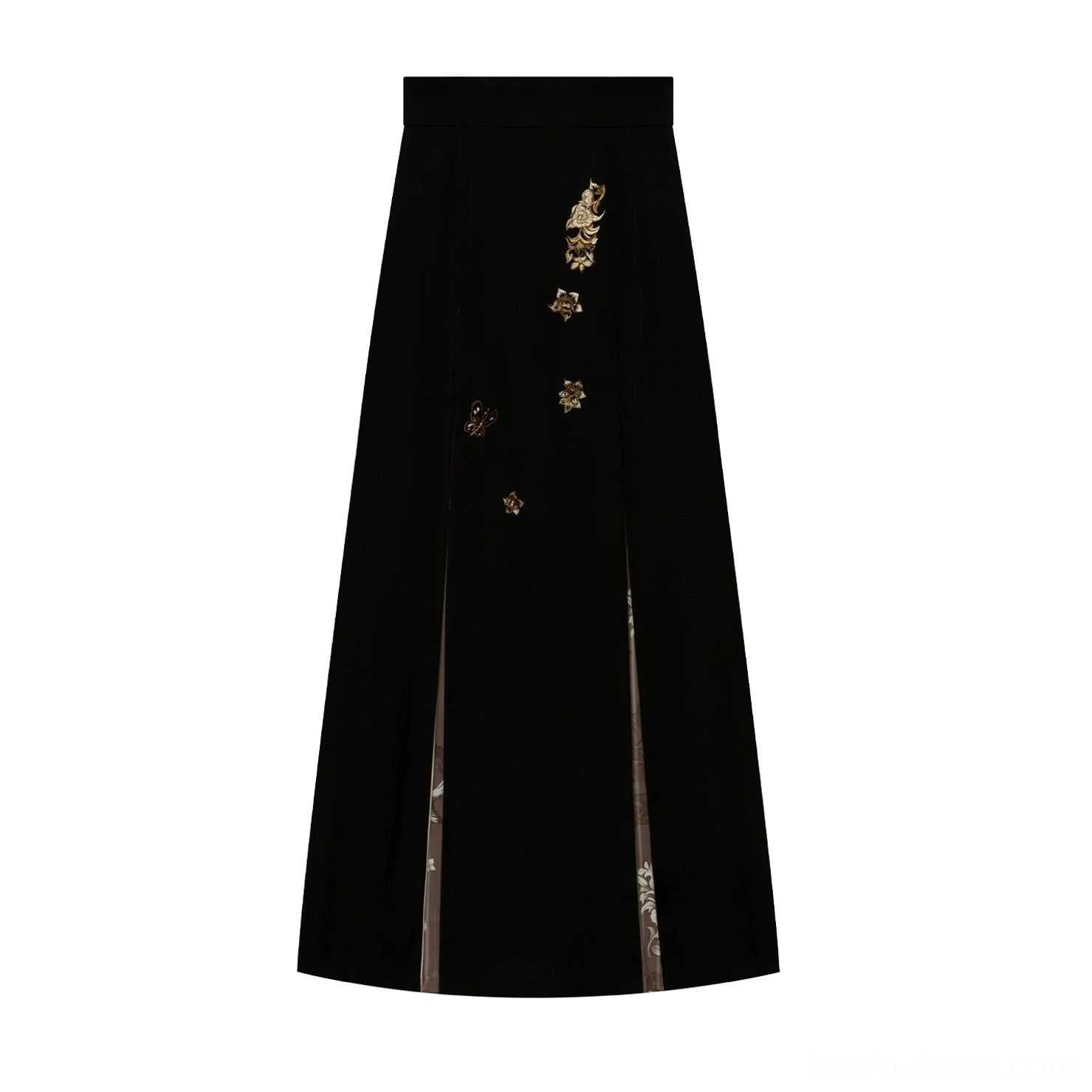 Flat lay of a high-waisted black embroidered Hanfu maxi skirt with golden floral motifs, pleated panels, floor-length silhouette, and contrasting side slit