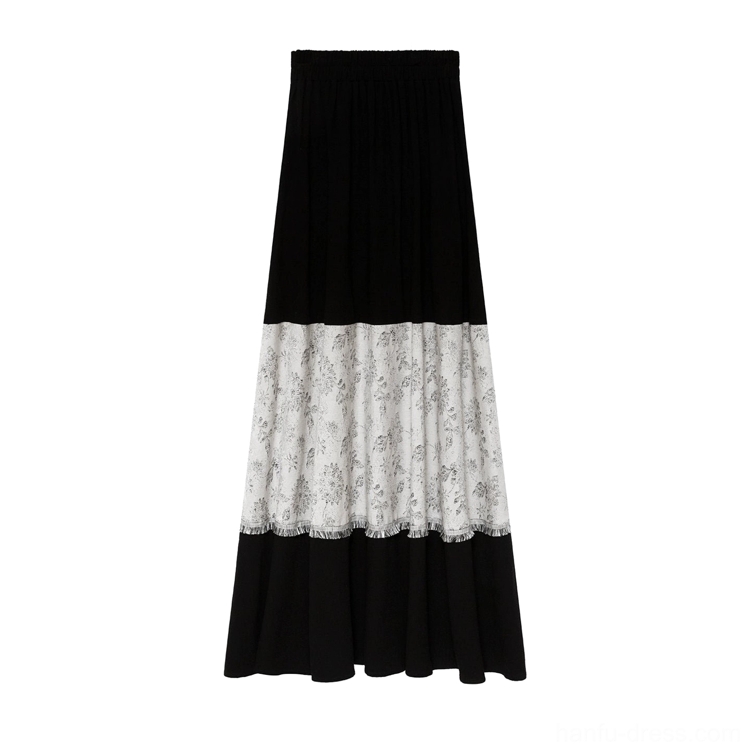 High waisted black and grey floral print layered A-line skirt for modern Hanfu outfit flat lay front view