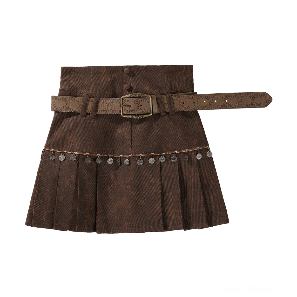 Front flat lay of high-waisted brown pleated modern Hanfu mini skirt with coin-style waist trim and matching leather belt